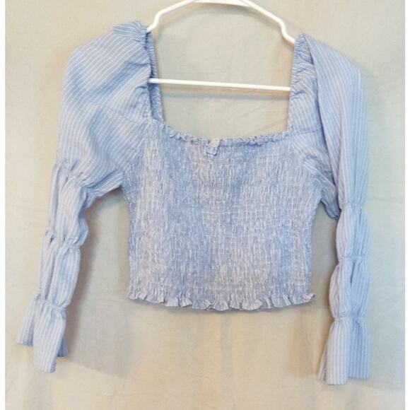 Storia Women's Blue Striped Stretch Crop Top w/Puff & Stretch Sleeves Size S - Picture 4 of 8